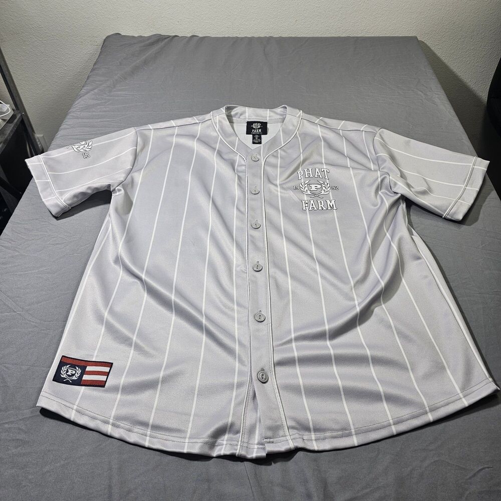 Forever 21 x Phat Farm Mens L Grey Pinstripe Baseball Jersey 92 Script Button Up
